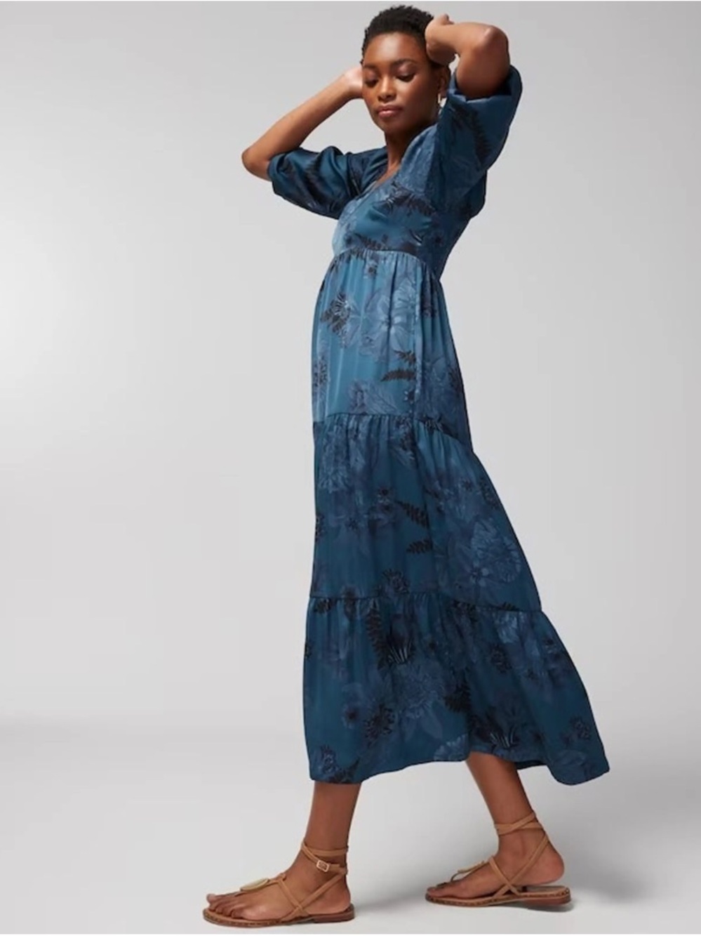 Soma Blue Floral Midi Dress Smocked Back‎ Puff Sleeve Boho Size L